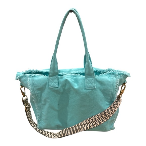 🧡 5 for $25 🧡 Stylish Aqua Tote Bag with Patterned Strap - Picture 1 of 4